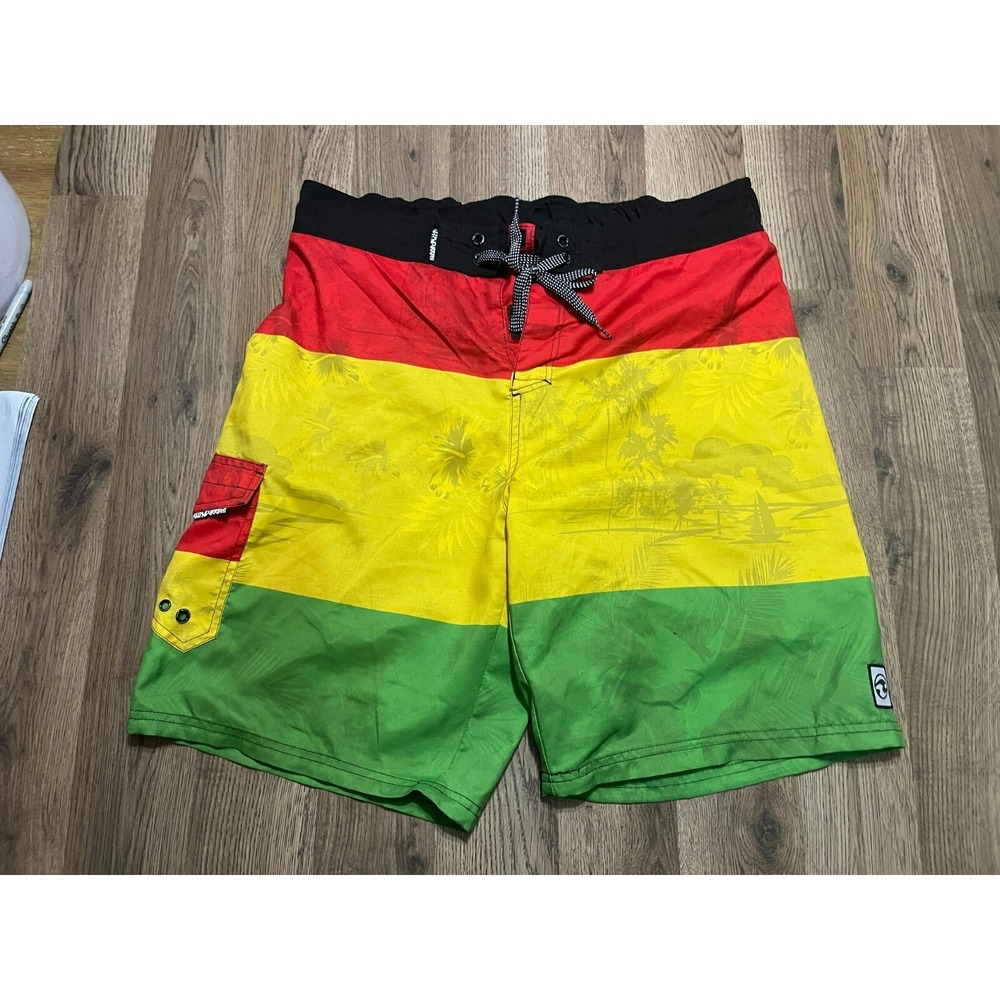 Ocean Current Shorts, Men's Size XL, Red Yellow Green, Swim Trunks, Drawstring